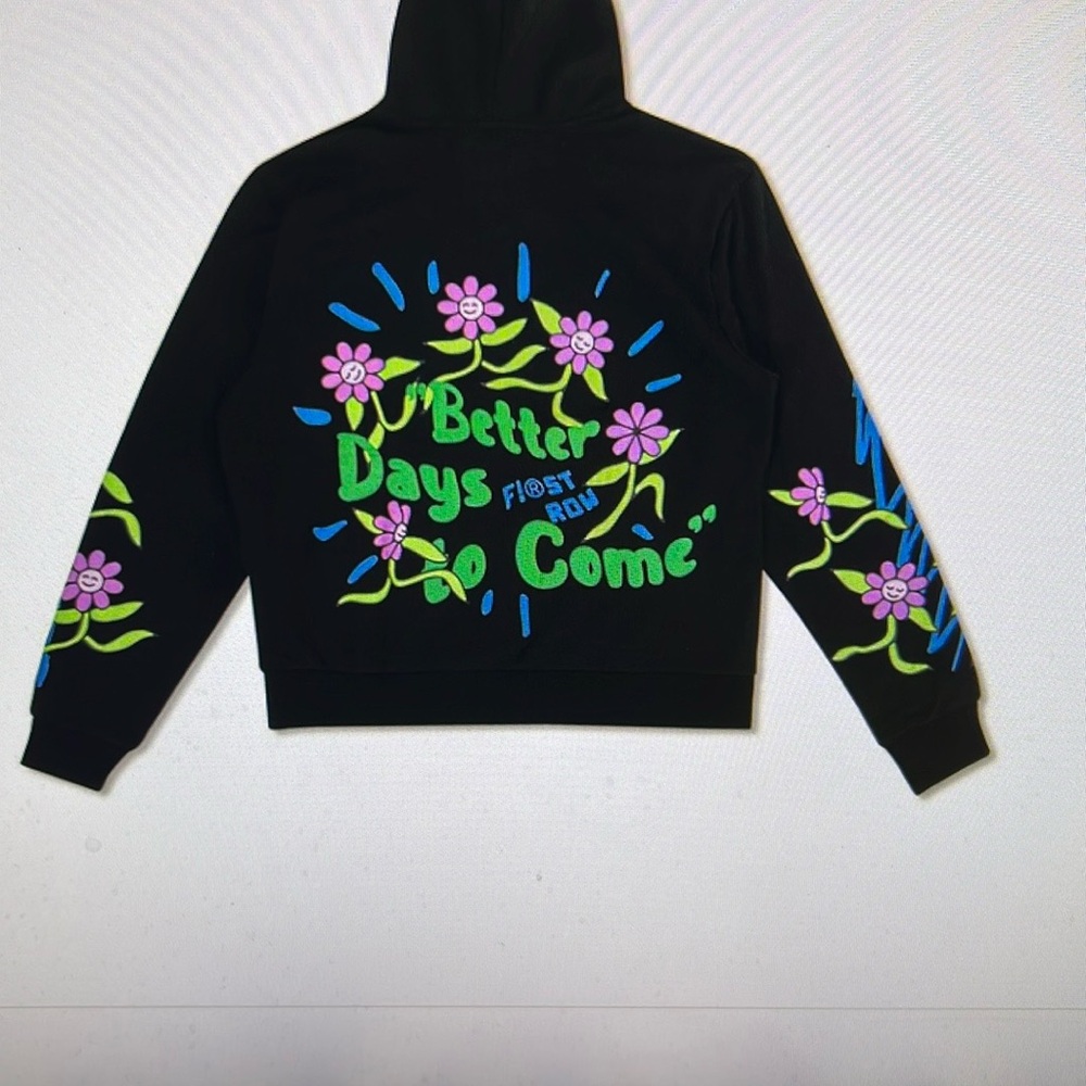 First Row Flower Graphic Black Hoodie - Patches and Puff Print
